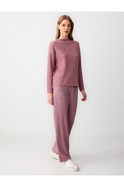 Jimmy Key Burgundy Melange High Waist Relaxed Fit Patterned Knitted Trousers