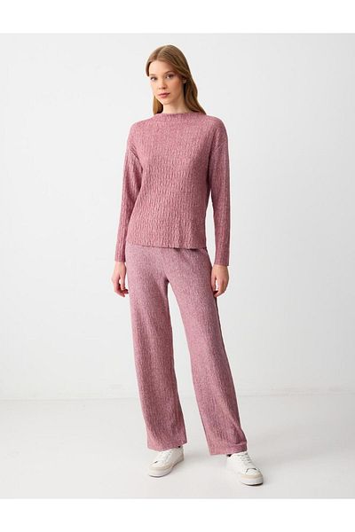 Jimmy Key Burgundy Melange High Waist Relaxed Fit Patterned Knitted Trousers