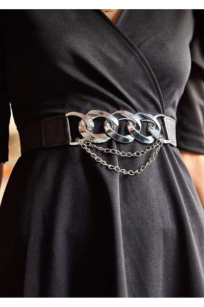 MODAM HİFA Chain Detailed Elastic Women's Belt Dress Belt Shirt Belt Coat Belt Stone Belt Pants
