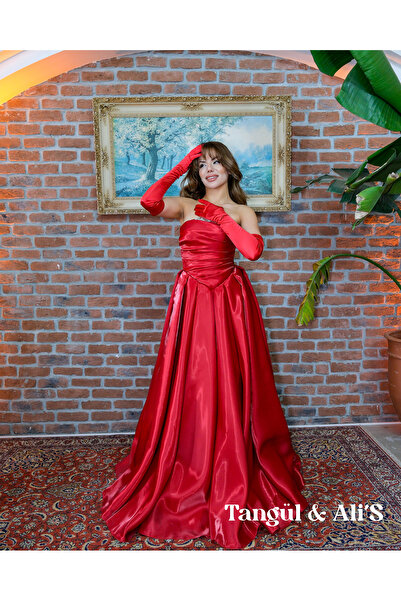 Tangül&Ali'S Moda Evi Taş Detaylı Kırmızı Lizbon Maxi Elbise