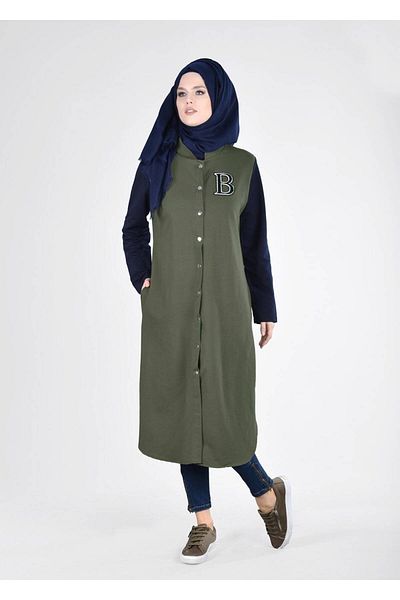 TRENDTESETTÜR Χακί Χρώμα Γυναικείο Αθλητικό Μπουφάν Hijab T 3911 - Μπροστινό κουμπωτό, Μοντέλο Bwest