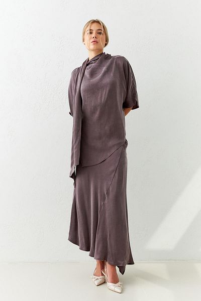Setre Brown Half Sleeve Blouse with Asymmetric Shawl Detail - Comfortable Fit