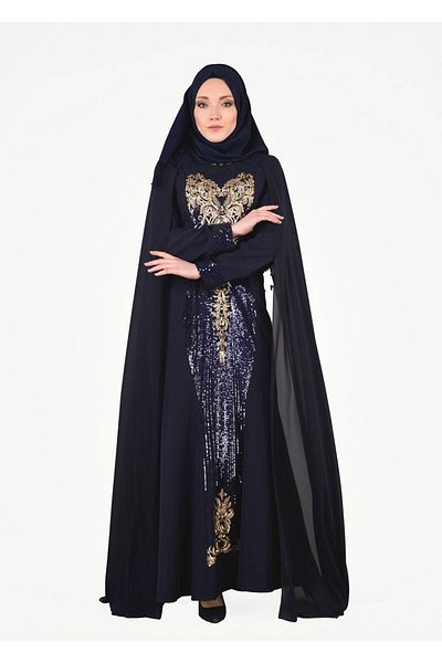 TRENDTESETTÜR Women's Navy Blue T 37525 Fy Collection-sequin Detailed Evening Dress