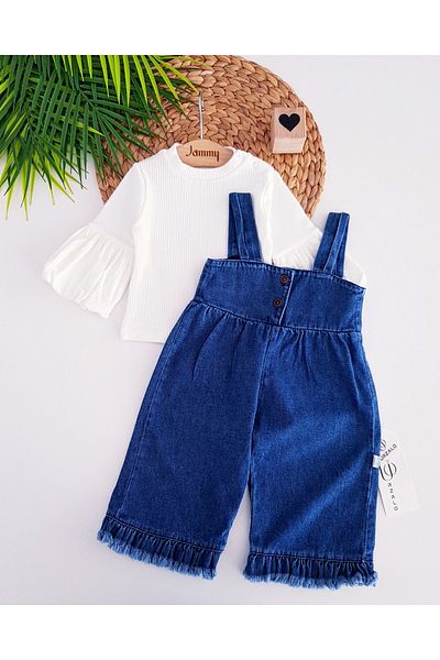 Jammybaby Luxury Denim Set for Baby Girl - Tasseled Palazzo Jeans, Salopet Jumpsuit, 100% Cotton Rib Blouse