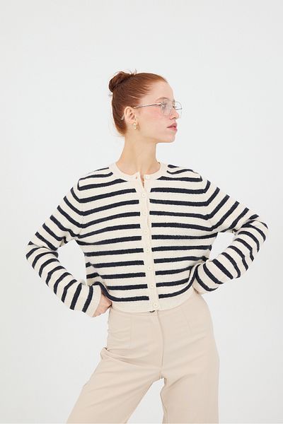 Addax Crew Neck Striped Buttoned Knitwear Cardigan H3404-B7