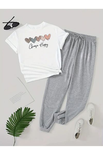 caddekombin Chooce Happy Printed Γυναικεία Φούτερ - Άνετη φόρμα Jogger, λευκό μπλουζάκι με στρογγυλή λαιμόκοψη και παντελόνι