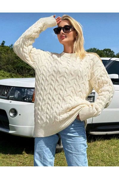 yeditepe fashion Ecru Color - Crew Neck Oversize Hair Knit Knitwear Sweater