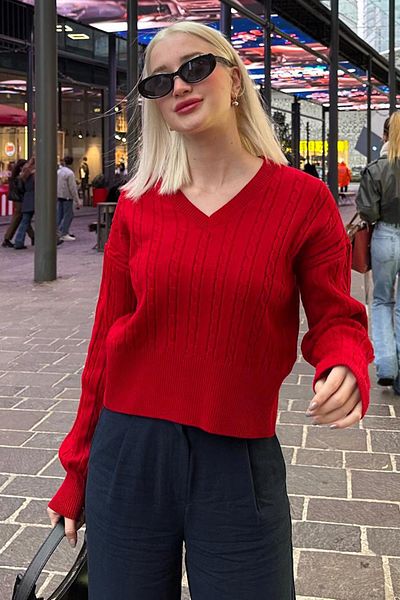 Madmext Red V-Neck Braided Knitwear Women's Sweater Mg2258