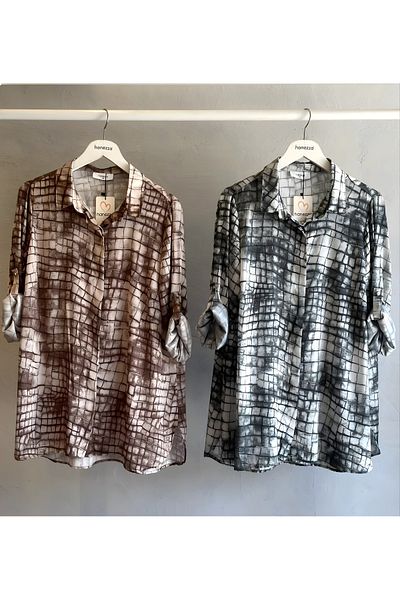 Hanezza Plus Size Stylish Patterned Satin Crepe Shirt - Black White/Brown