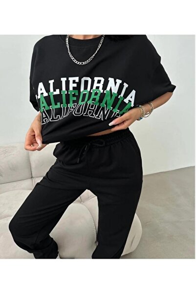 caddekombin طقم تي شيرت نسائي أسود مطبوع عليه كاليفورنيا وبدلة رياضية للركض -...