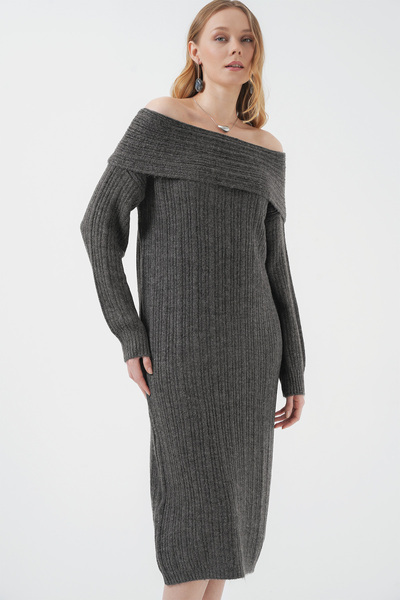 Bigdart 15920 Πλεκτό φόρεμα Madonna Collar Oversize - Anthracite