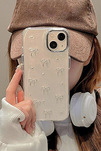 WANNA PROTECT iPhone 15 Uyumlu Fiyonk Desenli Şeffaf Kapak Simli Darbeye Karş...