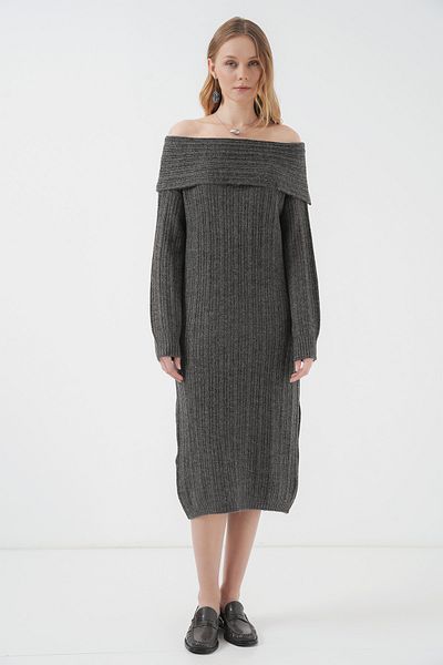 Bigdart 15920 Sukienka dzianinowa oversize z kołnierzykiem Madonna - antracytowa