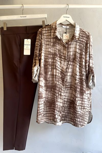 Hanezza Plus Size Stylish Patterned Satin Crepe Shirt - Black White/Brown