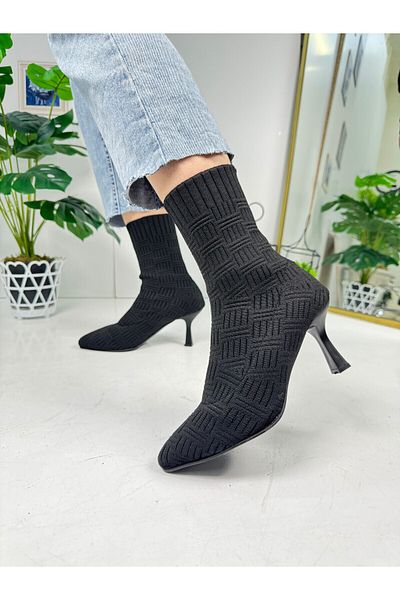 İmerShoes Tricotaje negre Ghete de damă - Toc înalt și subțire, talpă elastică zimțată, cizme confortabile cu vârf ascuțit 170