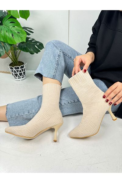 İmerShoes Cizme de damă bej - Tocuri înalte și subțiri, tricotaje elastice, vârf ascuțit și talpă zimțată Cizme confortabile 170