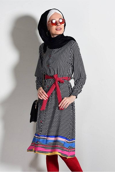 TRENDTESETTÜR Women's Black (BLACK-FUFFY) T 0285 Polka Dot Long Tunic