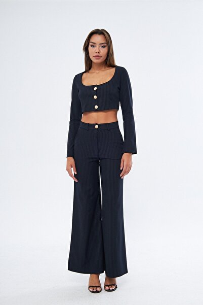 SELAZRA Keny Ispanyol Paça Çizgili Desenli Uzun Boy Regular Fit Lacivert Renk Kadın Pantolon - 36, Lacivert