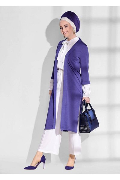TRENDTESETTÜR Women's Navy Blue Cardigan - Slit Detail, Model A.Saks 124