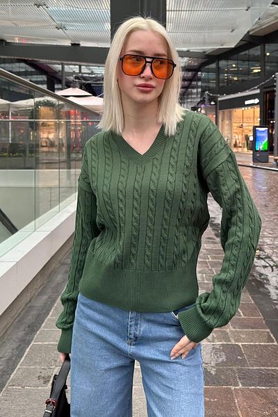 Madmext Tricotaj verde cu decolteu în V Pulover pentru femei MG2258