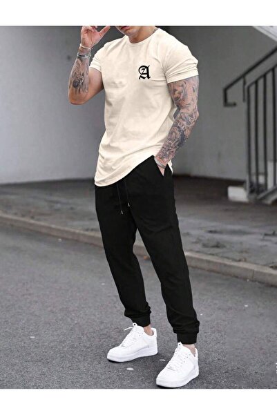 caddekombin Ανδρικό σετ αθλητικής φόρμας σε μπεζ χρώμα - Μπλουζάκι με στάμπα ...