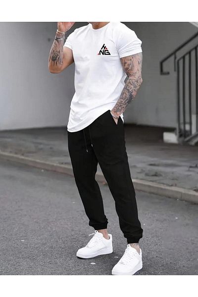 caddekombin Ανδρικό σετ αθλητικών Joggers - Μπλουζάκι με στάμπα Hng και άνετη λευκή φούτερ