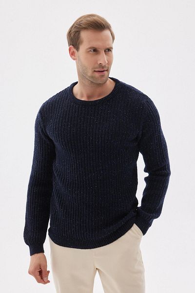 odelon Men's Navy Blue Knitwear Sweater with Regular Fit Crew Neck Thessaloniki Knit Wool