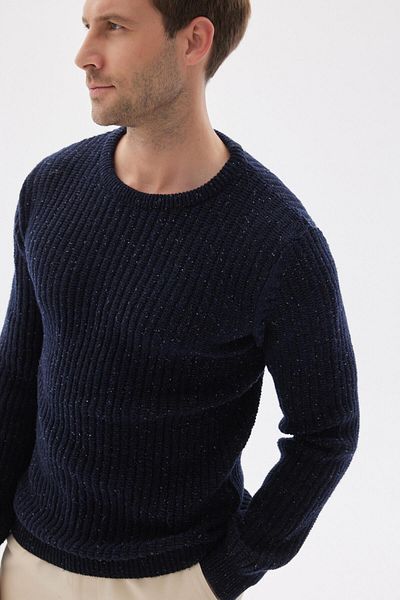 odelon Men's Navy Blue Knitwear Sweater with Regular Fit Crew Neck Thessaloniki Knit Wool