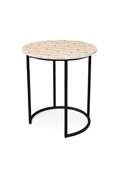 oceanpoint Modern Mozaik Desenli Yuvarlak Sehpa Siyah Metal Ayaklı Dekoratif ve Dayanıklı Yan Sehpa (45x50cm)