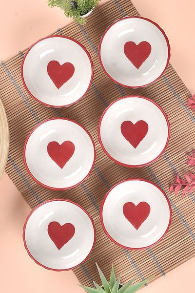 ŞURA MUTFAK 6 Pieces Love Series Snack Bowl & Breakfast Bowl 11cm Heart Pattern