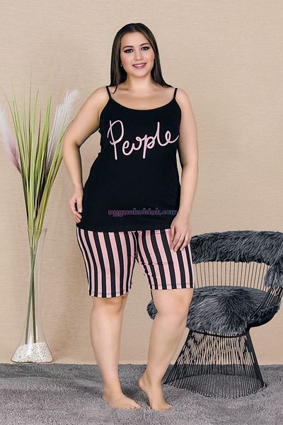 quilling Black Color and Pink Striped Oversize Large Size 10381 Women's Mother Pajama Set with Shorts
