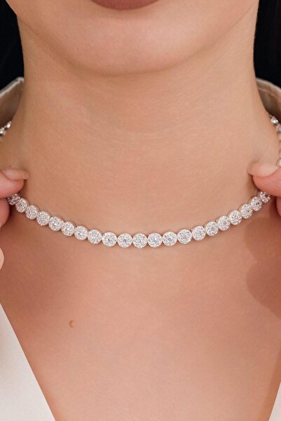 Tmt Silver Gümüş Beyaz Zirkon Taşlı Pırlanta Modeli Su Yolu Choker Tasma Kolye