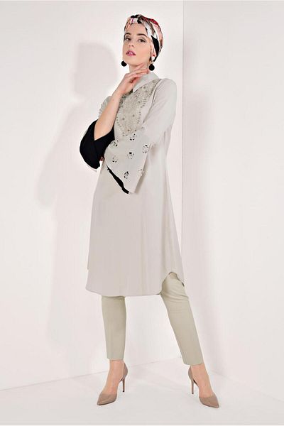 TRENDTESETTÜR Beige Embroidered Women's Tunic with Flounce Sleeves - t 71381