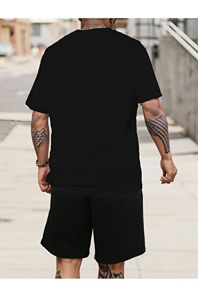 caddekombin Erkek Gögüs Baskılı  T-shirt Short Bol Paça Rahat Kalıp Siyah Alt Siyah Üst Short Takım