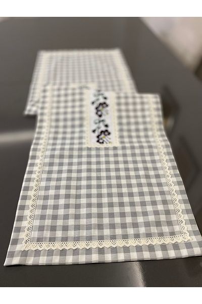 Parla Life Γκρι λινό Runner - Μοντέλο Gingham, Χρώμα σταυροβελονιάς, Μπορεί να κατασκευαστεί προσαρμοσμένο μέγεθος
