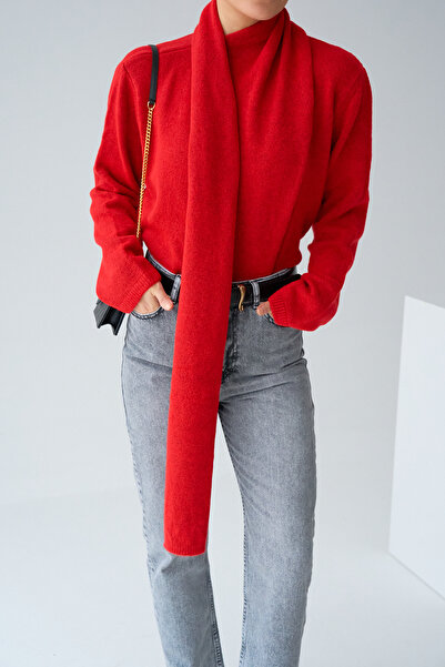 LOOSH Kadın Kırmızı Şal Atkılı Oversize Kazak