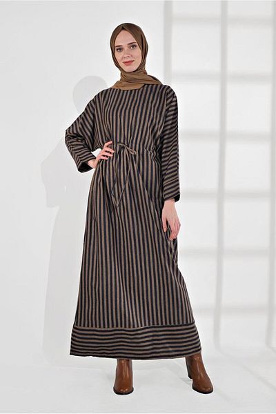 TRENDTESETTÜR Γυναικείο ριγέ φόρεμα με μινκ μέση 5904