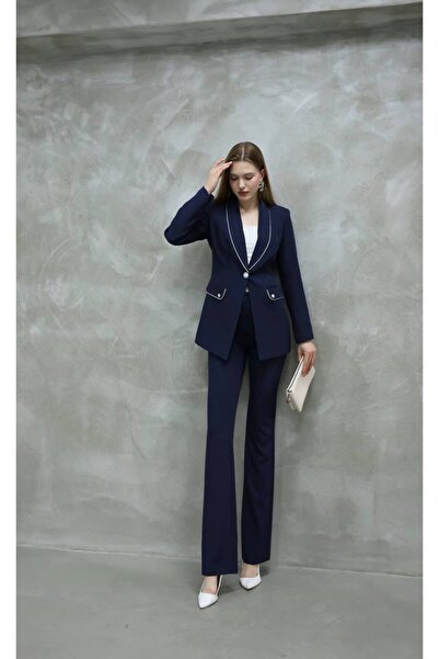 SUXİRCNHTMTS Kadın Yakası Taş Biyeli Düğme Detay Takım Elbise