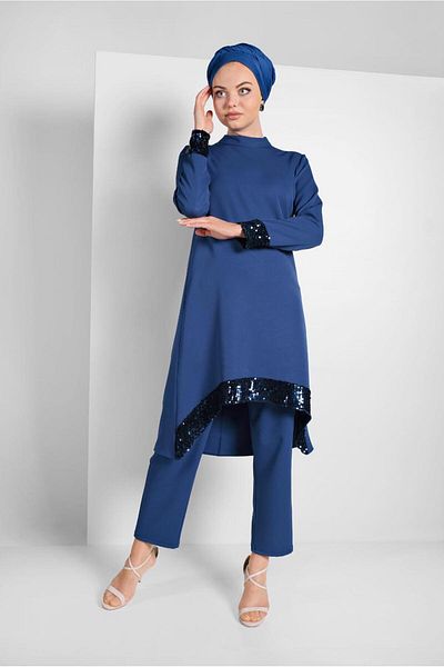 TRENDTESETTÜR Σετ γυναικείο παντελόνι Navy Blue Indigo - Λεπτομέρεια με παγιέτες, Σετ 2 9255