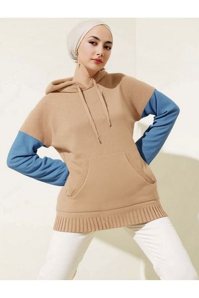 Modamorfo Hooded Sleeve Denim Detailed Kangaroo Pocket Knitwear Sweat -Mink