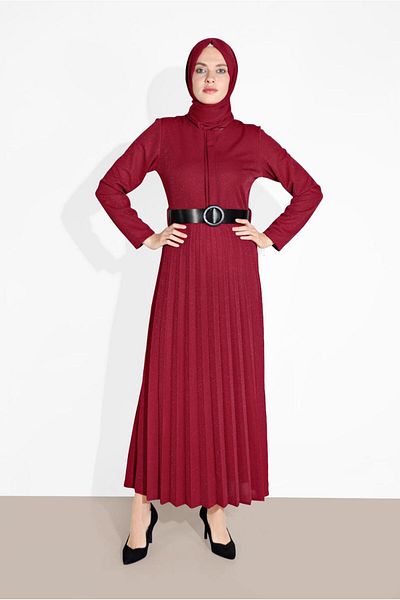 TRENDTESETTÜR Red Lurex Pleated Women's Dress - 8804
