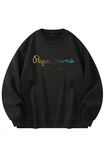 PALPİTO Women's Black Pepe London Printed Crew Neck Oversize Sweatshirt