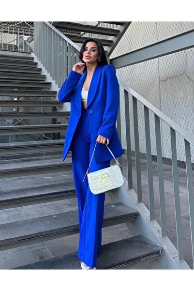 SUXİRCNHTMTS Kadın Tek Düğmeli Ceket Palazzo Pantolon Takım