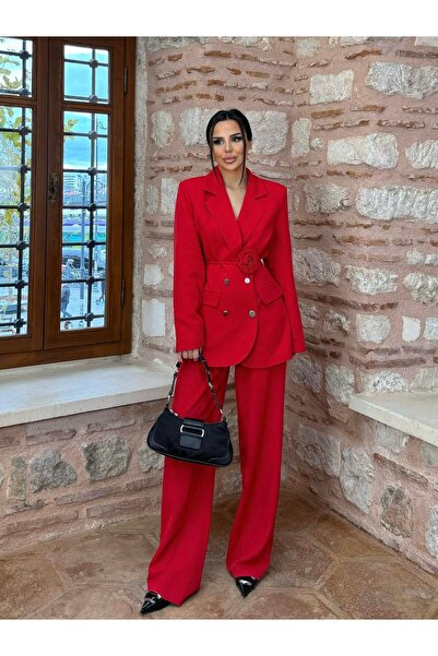 SUXİRCNHTMTS Kadın Gül Kemer Detaylı Palazzo Takım Elbise