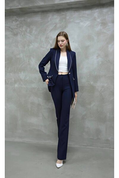 SUXİRCNHTMTS Kadın Yakası Taş Biyeli Düğme Detay Takım Elbise