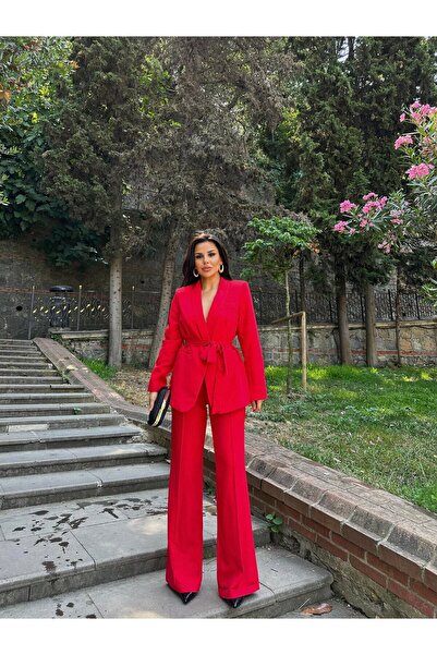 SUXİRCNHTMTS Kadın Kuşak Detaylı Ceket Pantolon Takım Elbise