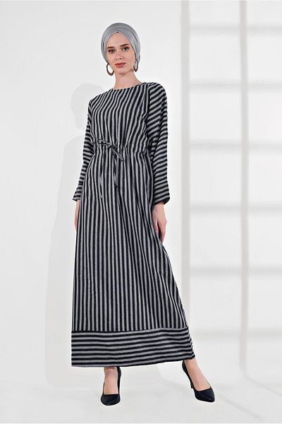 TRENDTESETTÜR Γυναικείο γκρι ριγέ φόρεμα με στενή μέση 5904