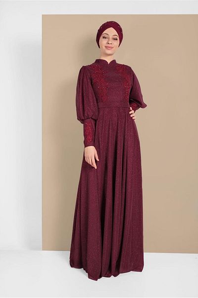 TRENDTESETTÜR Γυναικείο βραδινό φόρεμα με λεπτομέρεια ασημί μπορντό γκιπούρ 5710
