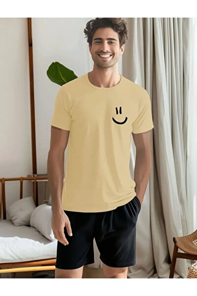 caddekombin وجه مبتسم تي شيرت قصير واسع الساق مريح أسود أسفل بيج أعلى مجموعة ...