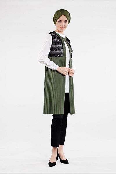 TRENDTESETTÜR Women's Khaki Sequin Detailed Pleated 2-Piece Vest Tunic 1243